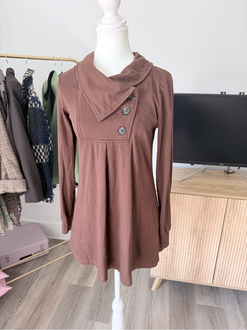 Brown Long Sleeve Tunic with Button Detail
